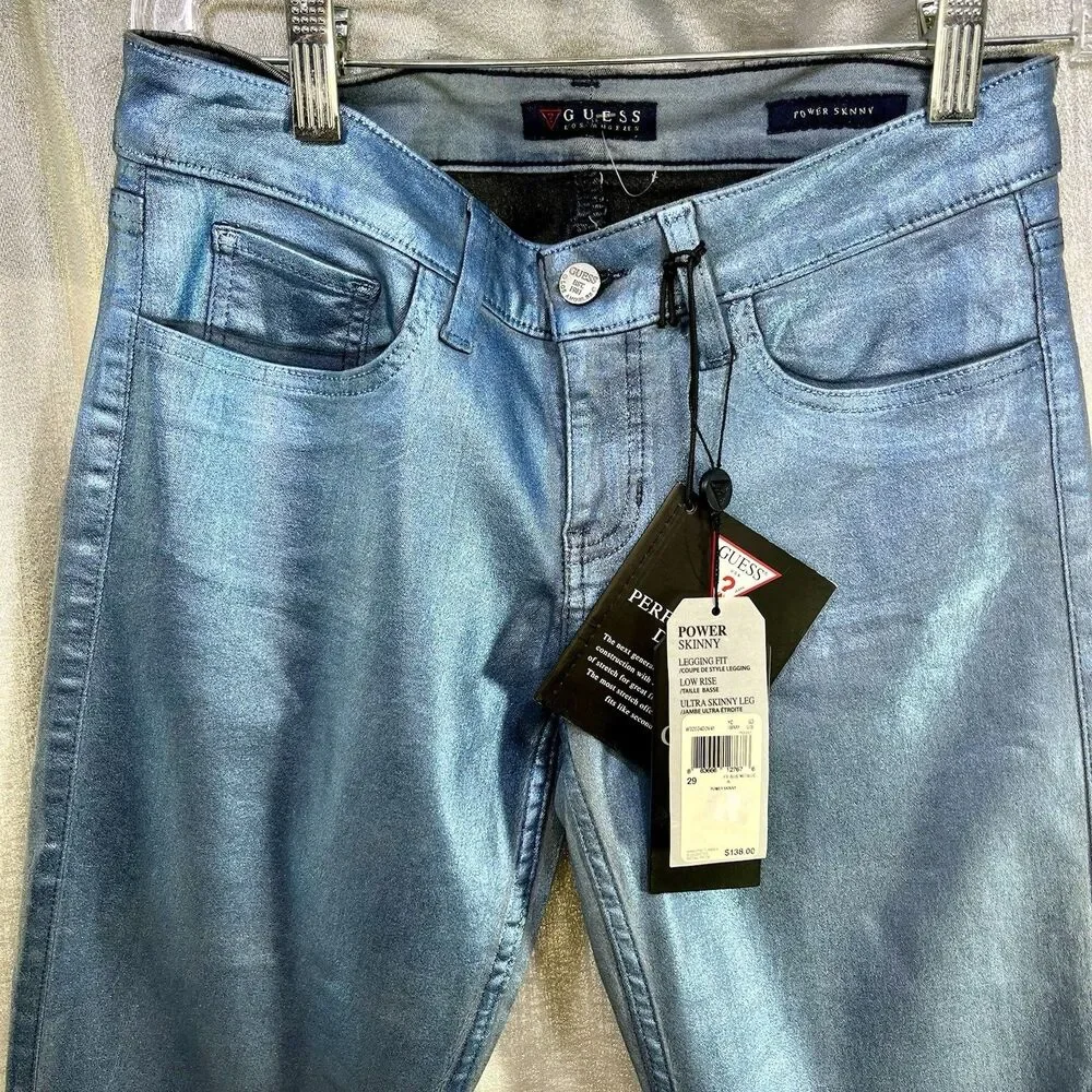 GUESS JEANS Women's Power Skinny Metallic Ice Blue Retail $138 Tags Attached